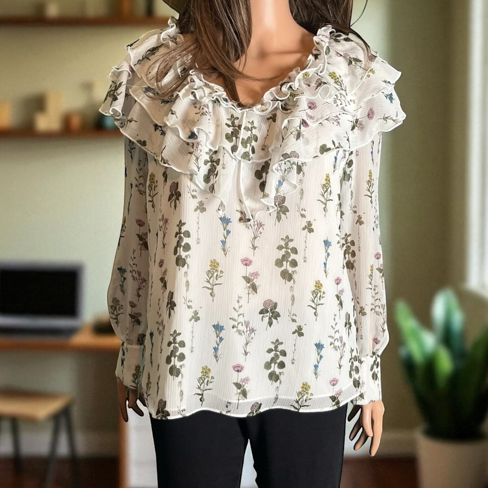 Ted Baker Avarose Floral Ruffle Blouse Long Sleeve Sheer